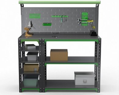 Стол-верстак Metalex серия KIT с боковыми полками, перфопанелью и комплектом освещения