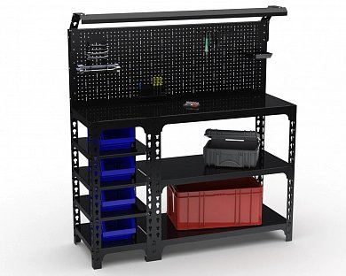 Столы-верстаки Metalex серия SUN (боковые полки + перфопанели с комплектом освещения)